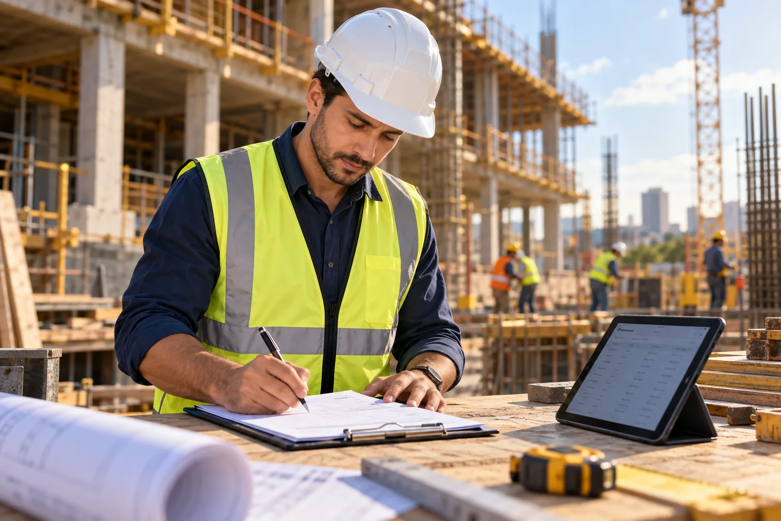 Engenheiro registrando atividades no diário de obra em um canteiro de construção.