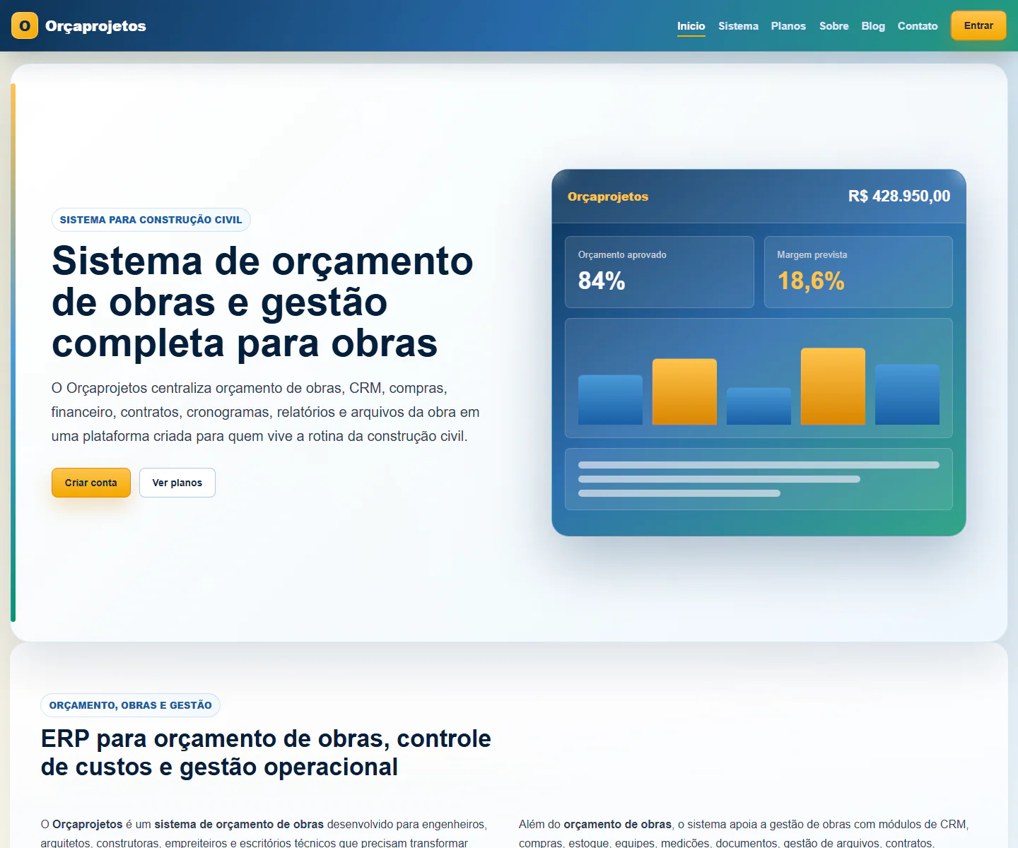 Apresenta&ccedil;&atilde;o visual dos indicadores de or&ccedil;amento e margem do Or&ccedil;aprojetos