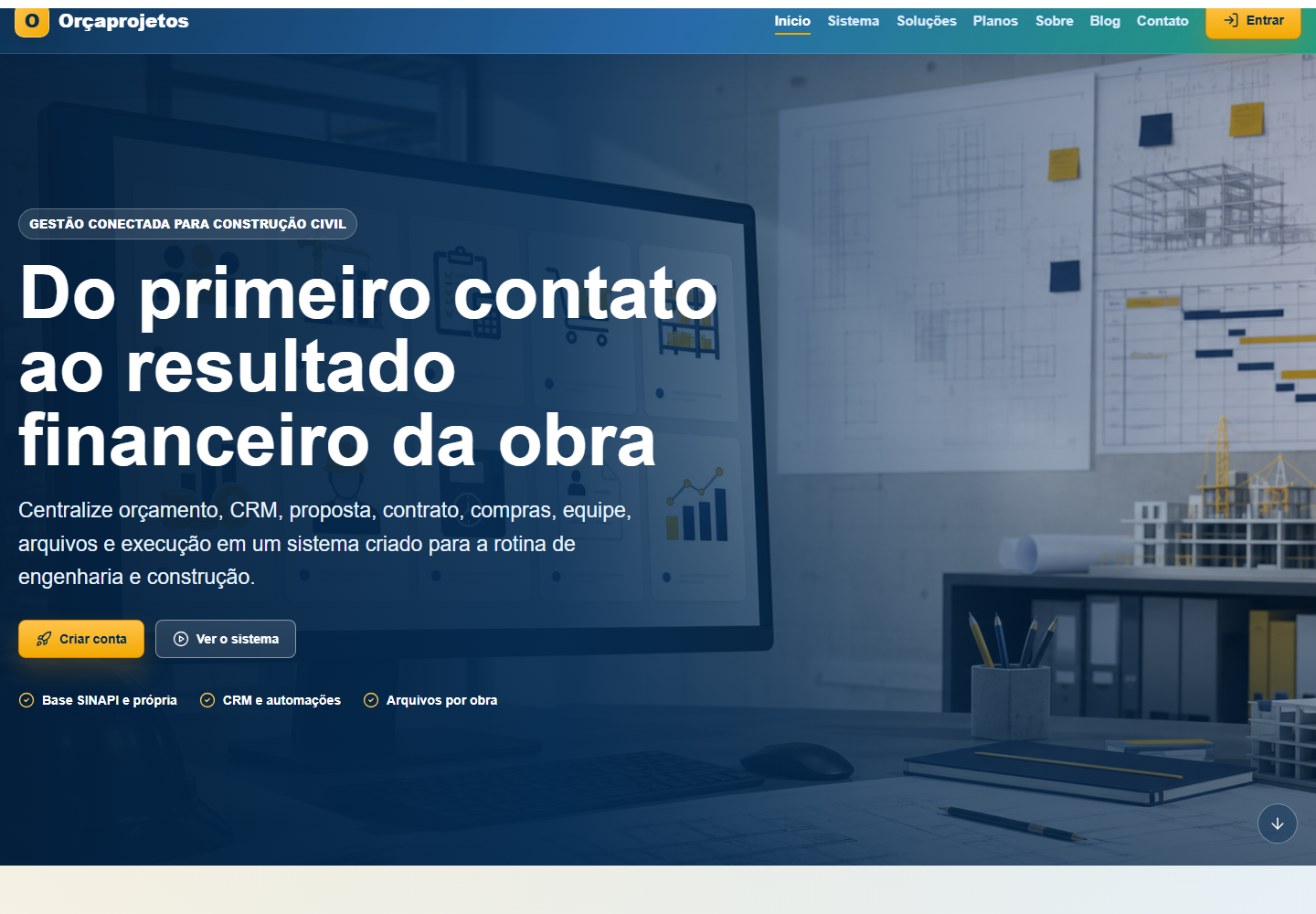 Tela com soluções do Orçaprojetos para construção civil